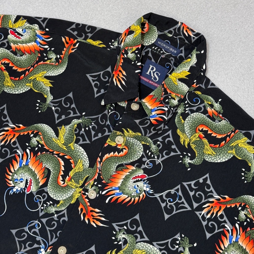 Vintage Y2K Ringo Sport Dragon All Over Print Shirt Black Medium Disturbed